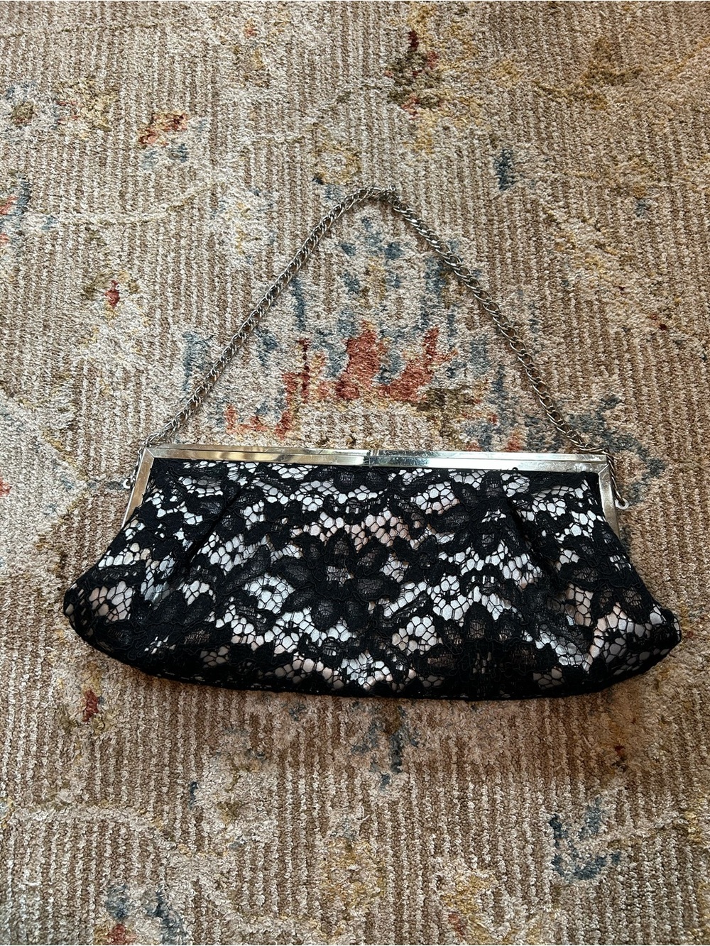 White House Black Market Black Lace Clutch with Silver Frame